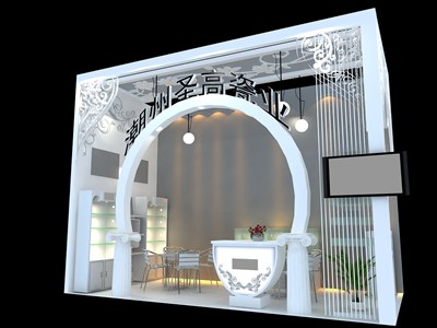 18平米展臺設(shè)計制作：一面開口/現(xiàn)代/木質(zhì)結(jié)構(gòu)/白色，為日用品展展商而作（免費使用）