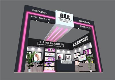 24平米展臺(tái)設(shè)計(jì)制作：一面開口/現(xiàn)代/木質(zhì)結(jié)構(gòu)/粉色，為美博會(huì)展商而作（免費(fèi)使用）