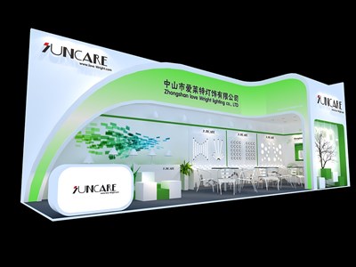 36平米展臺設(shè)計(jì)制作：二面開口/現(xiàn)代/木質(zhì)結(jié)構(gòu)/綠色，為照明展展商而作（免費(fèi)使用）