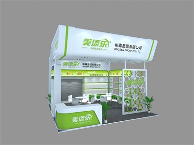 36平米展臺(tái)設(shè)計(jì)制作：一面開口/現(xiàn)代/木質(zhì)結(jié)構(gòu)/綠色，為日用品展展商而作（免費(fèi)使用）