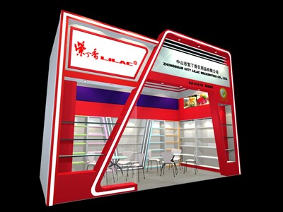 18平米展臺(tái)設(shè)計(jì)制作：一面開口/現(xiàn)代/木質(zhì)結(jié)構(gòu)/紅色，為日用品展展商而作（免費(fèi)使用）