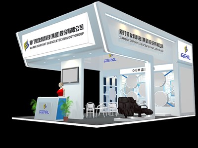 54平米展臺(tái)設(shè)計(jì)制作：三面開口/現(xiàn)代/木質(zhì)結(jié)構(gòu)/白色，為體博會(huì)展商而作（免費(fèi)使用）