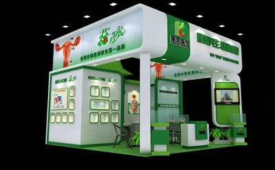 36平米展臺設(shè)計制作：三面開口/現(xiàn)代/木質(zhì)結(jié)構(gòu)/綠色，為美博會展商而作（免費使用）