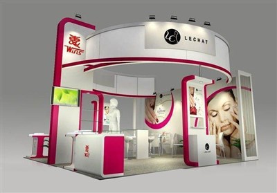 36平米展臺(tái)設(shè)計(jì)制作：三面開口/現(xiàn)代/木質(zhì)結(jié)構(gòu)/粉色，為美博會(huì)展商而作（免費(fèi)使用）