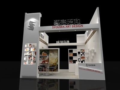 30平米展臺(tái)設(shè)計(jì)制作：二面開口/現(xiàn)代/木質(zhì)結(jié)構(gòu)/白色，為文具圖書展展商而作（免費(fèi)使用）