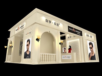 54平米展臺(tái)設(shè)計(jì)制作：三面開口/歐式/木質(zhì)結(jié)構(gòu)/米色，為眼鏡展展商而作（免費(fèi)使用）