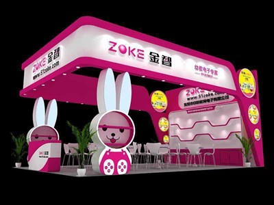 54平米展臺設計制作：三面開口/卡通/木質(zhì)結構/粉色，為文具圖書展展商而作（免費使用）