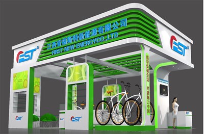54平米展臺設計制作：三面開口/中式/木質(zhì)結(jié)構(gòu)/綠色，為單/摩托車展商而作（免費使用）