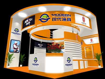 36平米展臺(tái)設(shè)計(jì)制作：三面開口/現(xiàn)代/木質(zhì)結(jié)構(gòu)/橙色，為釣具展展商而作（免費(fèi)使用）