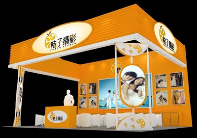 48平米展臺設(shè)計制作：三面開口/現(xiàn)代/木質(zhì)結(jié)構(gòu)/橙色，為婚博會展商而作（免費使用）