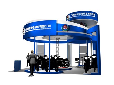 81平米展臺設(shè)計(jì)制作：四面開口/現(xiàn)代/木質(zhì)結(jié)構(gòu)/藍(lán)色，為單/摩托車展商而作（免費(fèi)使用）