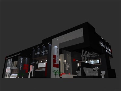 184平米展臺設(shè)計(jì)制作：二面開口/現(xiàn)代/木質(zhì)結(jié)構(gòu)/黑色，為衛(wèi)浴展展商而作（免費(fèi)使用）