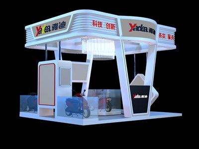 20平米展臺(tái)設(shè)計(jì)制作：四面開(kāi)口/中式/桁架結(jié)構(gòu)/藍(lán)色，為單/摩托車(chē)展商而作（免費(fèi)使用）