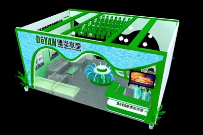 54平米展臺設計制作：二面開口/現(xiàn)代/木質結構/綠色，為綜合展展商而作（免費使用）