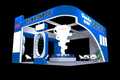 42平米展臺設(shè)計制作：四面開口/現(xiàn)代/木質(zhì)結(jié)構(gòu)/藍(lán)色，為五金展展商而作（免費(fèi)使用）