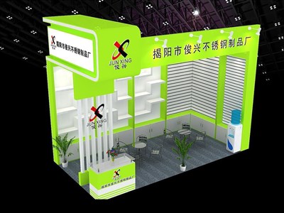 18平米展臺(tái)設(shè)計(jì)制作：二面開口/現(xiàn)代/木質(zhì)結(jié)構(gòu)/綠色，為五金展展商而作（免費(fèi)使用）