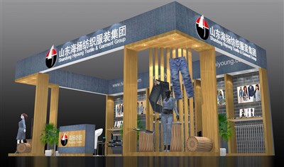 54平米展臺(tái)設(shè)計(jì)制作：三面開口/現(xiàn)代/木質(zhì)結(jié)構(gòu)/藍(lán)色，為服裝展展商而作（免費(fèi)使用）