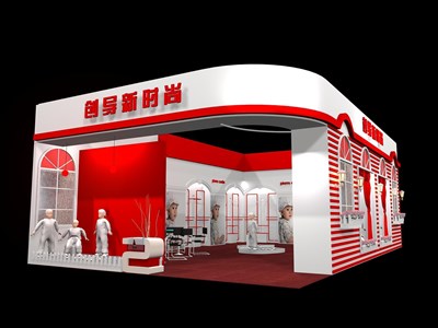 77平米展臺設(shè)計制作：一面開口/現(xiàn)代/木質(zhì)結(jié)構(gòu)/紅色，為服裝展展商而作（免費(fèi)使用）