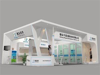 108平米展臺(tái)設(shè)計(jì)制作：二面開口/現(xiàn)代/木質(zhì)結(jié)構(gòu)/白色，為紡織展展商而作（免費(fèi)使用）