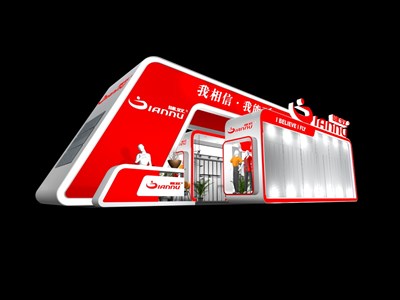 90平米展臺(tái)設(shè)計(jì)制作：二面開口/現(xiàn)代/木質(zhì)結(jié)構(gòu)/紅色，為服裝展展商而作（免費(fèi)使用）