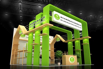 36平米展臺(tái)設(shè)計(jì)制作：二面開口/前衛(wèi)/木質(zhì)結(jié)構(gòu)/綠色，為玩具展展商而作（免費(fèi)使用）