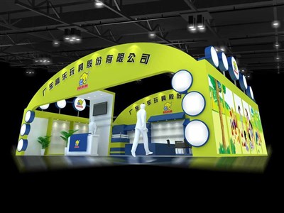 96平米展臺設計制作：一面開口/現(xiàn)代/木質結構/黃色，為玩具展展商而作（免費使用）