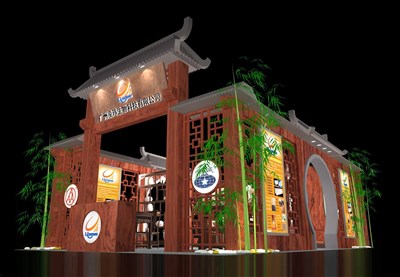 54平米展臺設(shè)計制作：三面開口/中式/木質(zhì)結(jié)構(gòu)/咖啡色，為玩具展展商而作（免費使用）