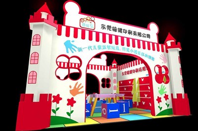 36平米展臺設計制作：二面開口/卡通/木質結構/紅色，為玩具展展商而作（免費使用）
