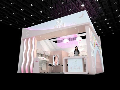 36平米展臺設(shè)計(jì)制作：二面開口/流線/木質(zhì)結(jié)構(gòu)/米色，為嬰幼展展商而作（免費(fèi)使用）
