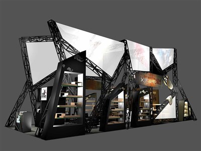 90平米展臺設(shè)計制作：二面開口/現(xiàn)代/桁架結(jié)構(gòu)/黑色，為玩具展展商而作（免費使用）