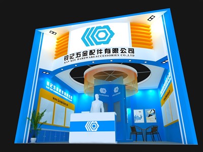 36平米展臺(tái)設(shè)計(jì)制作：一面開(kāi)口/現(xiàn)代/木質(zhì)結(jié)構(gòu)/藍(lán)色，為五金展展商而作（免費(fèi)使用）