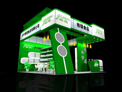 36平米展臺設計制作：三面開口/現(xiàn)代/木質結構/綠色，為食品展展商而作（免費使用）