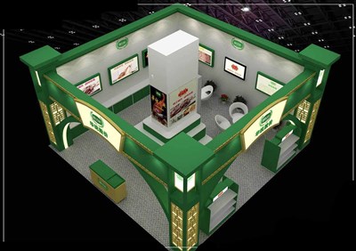 64平米展臺設(shè)計制作：二面開口/現(xiàn)代/木質(zhì)結(jié)構(gòu)/綠色，為食品展展商而作（免費使用）