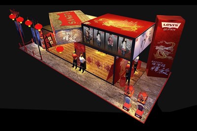90平米展臺(tái)設(shè)計(jì)制作：二面開口/中式/木質(zhì)結(jié)構(gòu)/紅色，為服裝展展商而作（免費(fèi)使用）