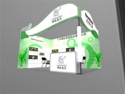 24平米展臺設計制作：二面開口/現(xiàn)代/木質結構/綠色，為服裝展展商而作（免費使用）