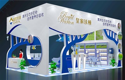 54平米展臺設計制作：三面開口/現(xiàn)代/木質結構/藍色，為嬰幼展展商而作（免費使用）