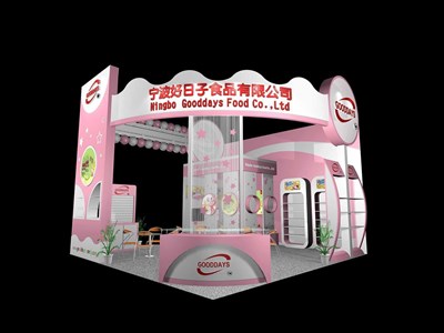 36平米展臺設(shè)計制作：三面開口/現(xiàn)代/木質(zhì)結(jié)構(gòu)/粉色，為食品展展商而作（免費使用）