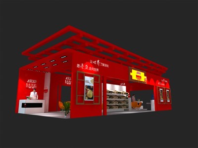 78平米展臺設計制作：四面開口/中式/木質結構/紅色，為食品展展商而作（免費使用）