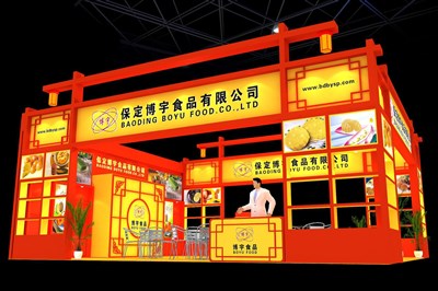 90平米展臺(tái)設(shè)計(jì)制作：三面開(kāi)口/中式/木質(zhì)結(jié)構(gòu)/紅色，為食品展展商而作（免費(fèi)使用）