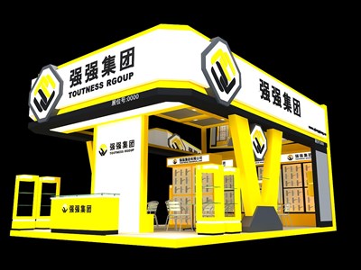 54平米展臺設計制作：三面開口/現(xiàn)代/木質(zhì)結(jié)構(gòu)/黃色，為五金展展商而作（免費使用）