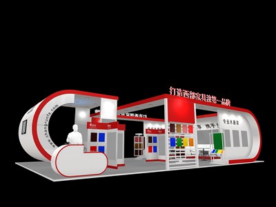 104平米展臺設計制作：二面開口/現(xiàn)代/木質結構/紅色，為化工展展商而作（免費使用）