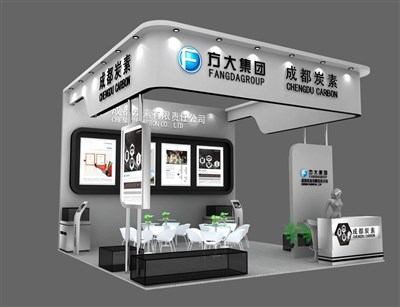 36平米展臺(tái)設(shè)計(jì)制作：三面開口/現(xiàn)代/木質(zhì)結(jié)構(gòu)/灰色，為化工展展商而作（免費(fèi)使用）
