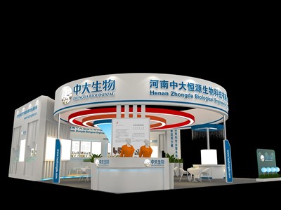 120平米展臺設計制作：二面開口/現(xiàn)代/木質(zhì)結構/藍色，為醫(yī)藥展展商而作（免費使用）
