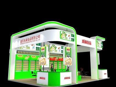 70平米展臺設計制作：三面開口/現(xiàn)代/木質結構/綠色，為食品展展商而作（免費使用）