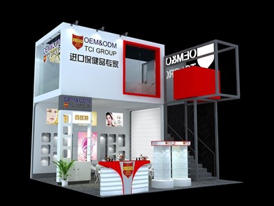 36平米展臺(tái)設(shè)計(jì)制作：三面開口/前衛(wèi)/雙層結(jié)構(gòu)/白色，為食品展展商而作（免費(fèi)使用）