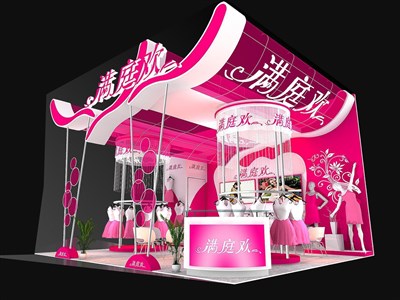 42平米展臺(tái)設(shè)計(jì)制作：二面開口/現(xiàn)代/木質(zhì)結(jié)構(gòu)/粉色，為服裝展展商而作（免費(fèi)使用）