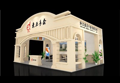 54平米展臺(tái)設(shè)計(jì)制作：三面開口/歐式/木質(zhì)結(jié)構(gòu)/米色，為紡織展展商而作（免費(fèi)使用）