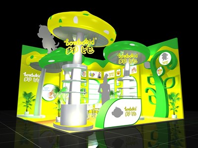 36平米展臺設(shè)計制作：二面開口/卡通/木質(zhì)結(jié)構(gòu)/黃色，為嬰幼展展商而作（免費使用）