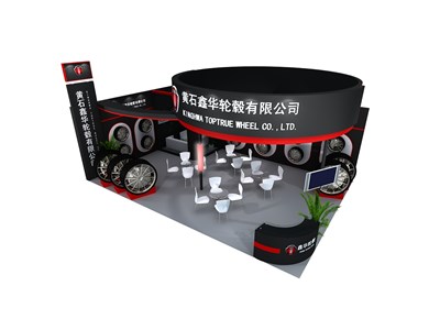 54平米展臺設(shè)計制作：二面開口/前衛(wèi)/木質(zhì)結(jié)構(gòu)/黑色，為汽配展展商而作（免費使用）