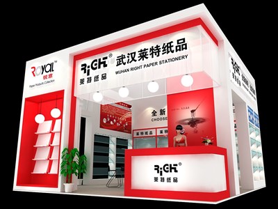 36平米展臺(tái)設(shè)計(jì)制作：二面開口/現(xiàn)代/木質(zhì)結(jié)構(gòu)/紅色，為文具圖書展展商而作（免費(fèi)使用）